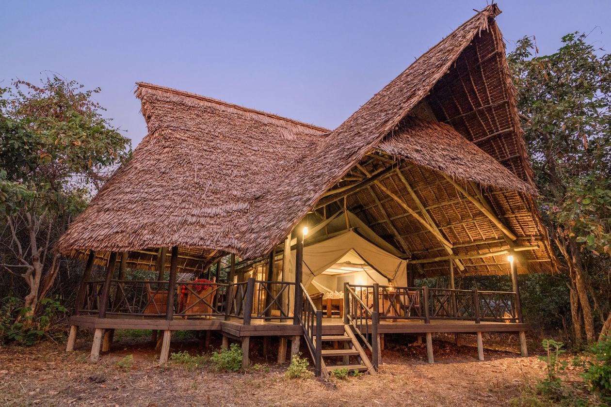 Steeply thatched stone lodge glowing at dusk among the trees at Ruaha River Lodge